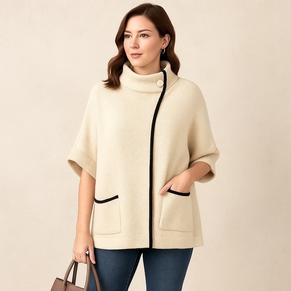 LC Lauren Conrad Cream Poncho with Black Accents Cape Sweater One Size (EUC) - Picture 1 of 15